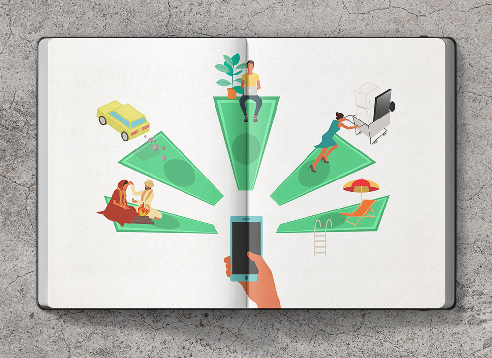 Illustration für Kleinkredit App mit verschiedenen Verwendungszwecken für das geliehne Geld - Website Icon Design, Kommunikationsdesign, Grafikdesign und Logodesign von Grafiker und Illustrator Markus Wülbern